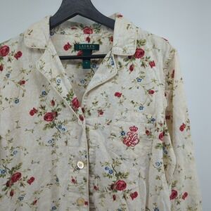 Lauren Ralph Lauren Pajama Top Size Medium PJ Top Red‎ Roses Buds Floral Buttons